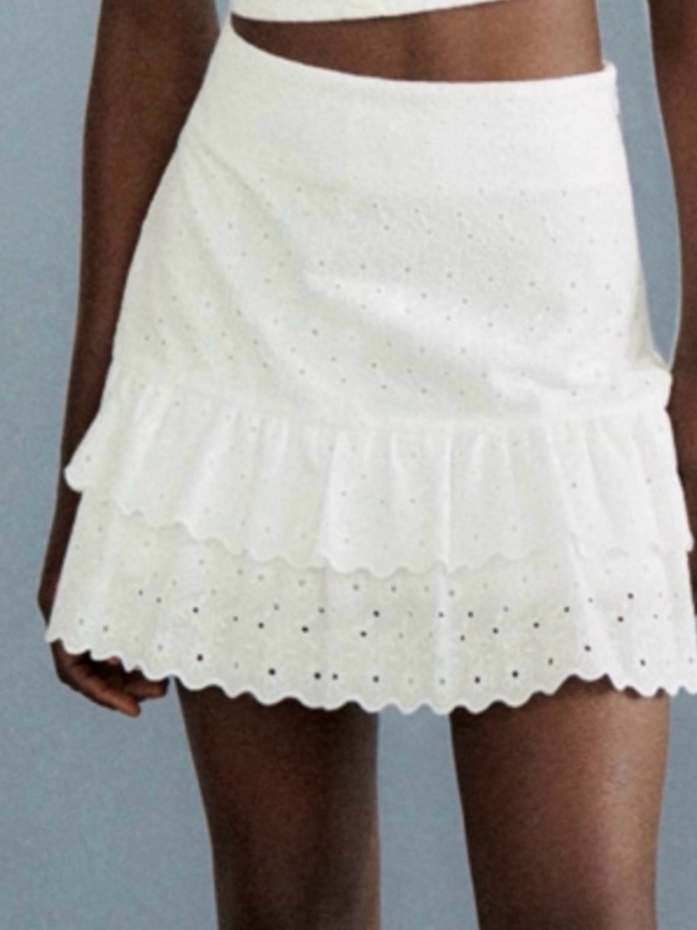 Zara White Eyelet Tiered Mini Skirt